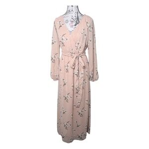 Club Soda Maxi Dress Women's Large Pink Floral Wrap Tie Waist Long Sleeve